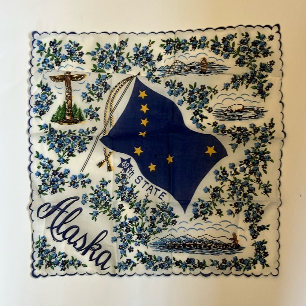 Vintage Souvenir Used Alaska Printed Cotton Handkerchief with Flag and Florals